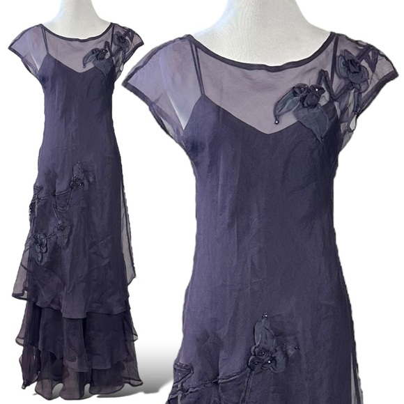 Vintage Dresses & Skirts - Vintage Tiar Silk Dark Purple Flower Fairy Maxi Dress Size Small WhimsyGoth USA